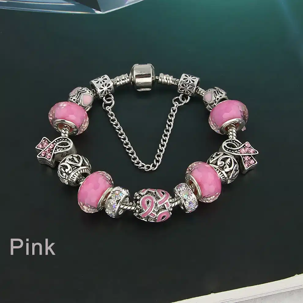 KEORMA Antique Silver bracelets for women Murano Glass Bead Crystal New Breast Cancer Awareness Pink Ribbon Charms Bracelet 19