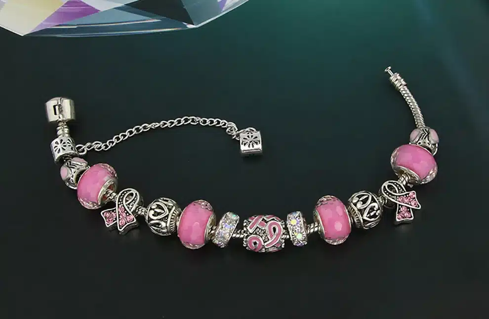 KEORMA Antique Silver bracelets for women Murano Glass Bead Crystal New Breast Cancer Awareness Pink Ribbon Charms Bracelet 20