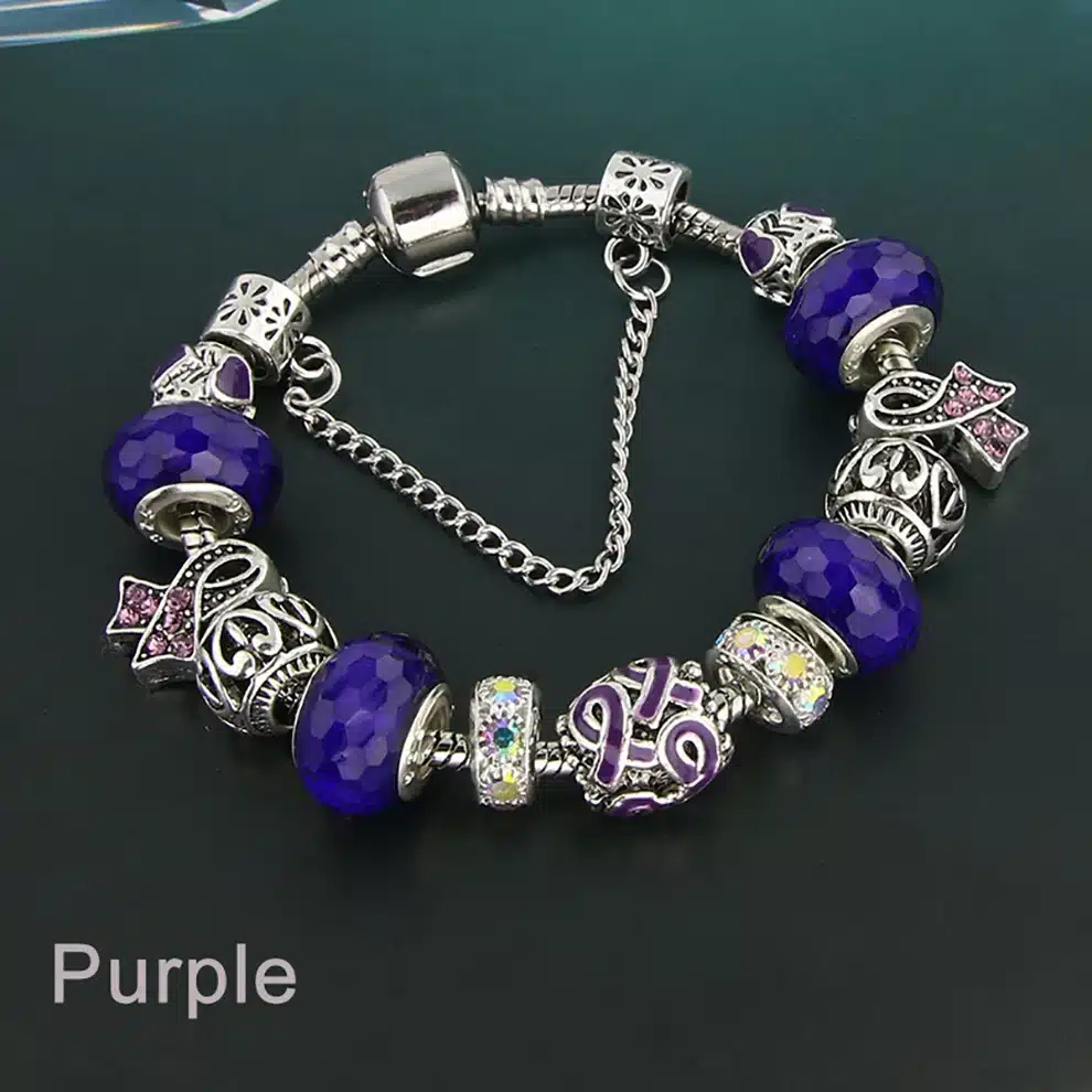 KEORMA Antique Silver bracelets for women Murano Glass Bead Crystal New Breast Cancer Awareness Pink Ribbon Charms Bracelet 21