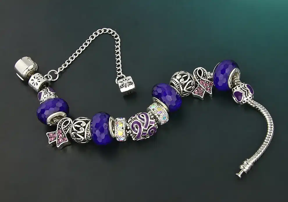 KEORMA Antique Silver bracelets for women Murano Glass Bead Crystal New Breast Cancer Awareness Pink Ribbon Charms Bracelet 22