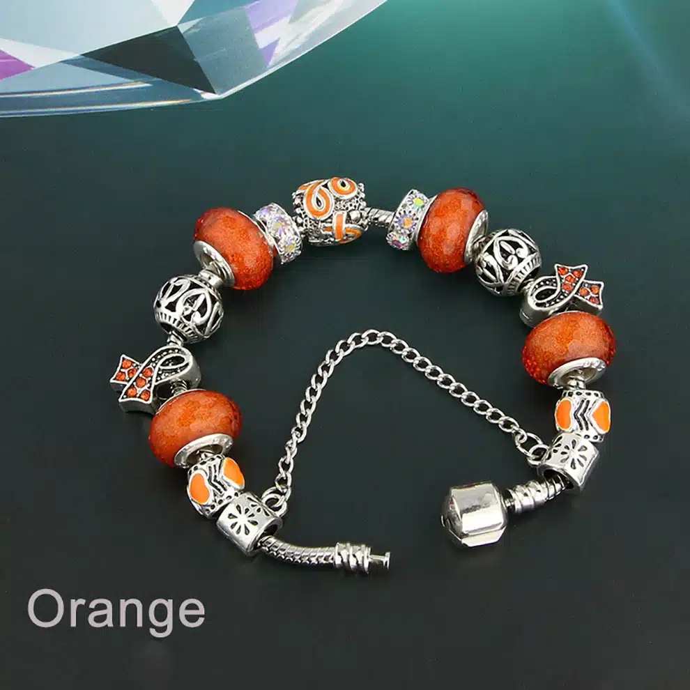 KEORMA Antique Silver bracelets for women Murano Glass Bead Crystal New Breast Cancer Awareness Pink Ribbon Charms Bracelet 23