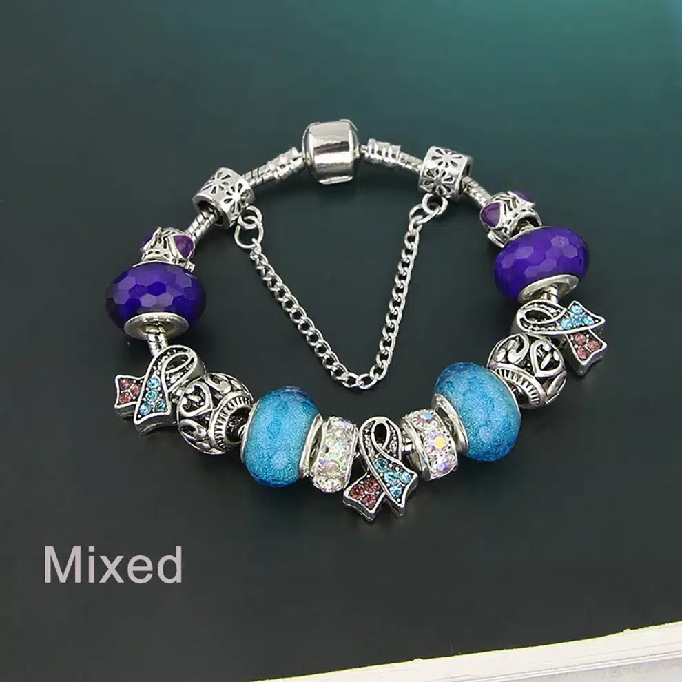 KEORMA Antique Silver bracelets for women Murano Glass Bead Crystal New Breast Cancer Awareness Pink Ribbon Charms Bracelet 25