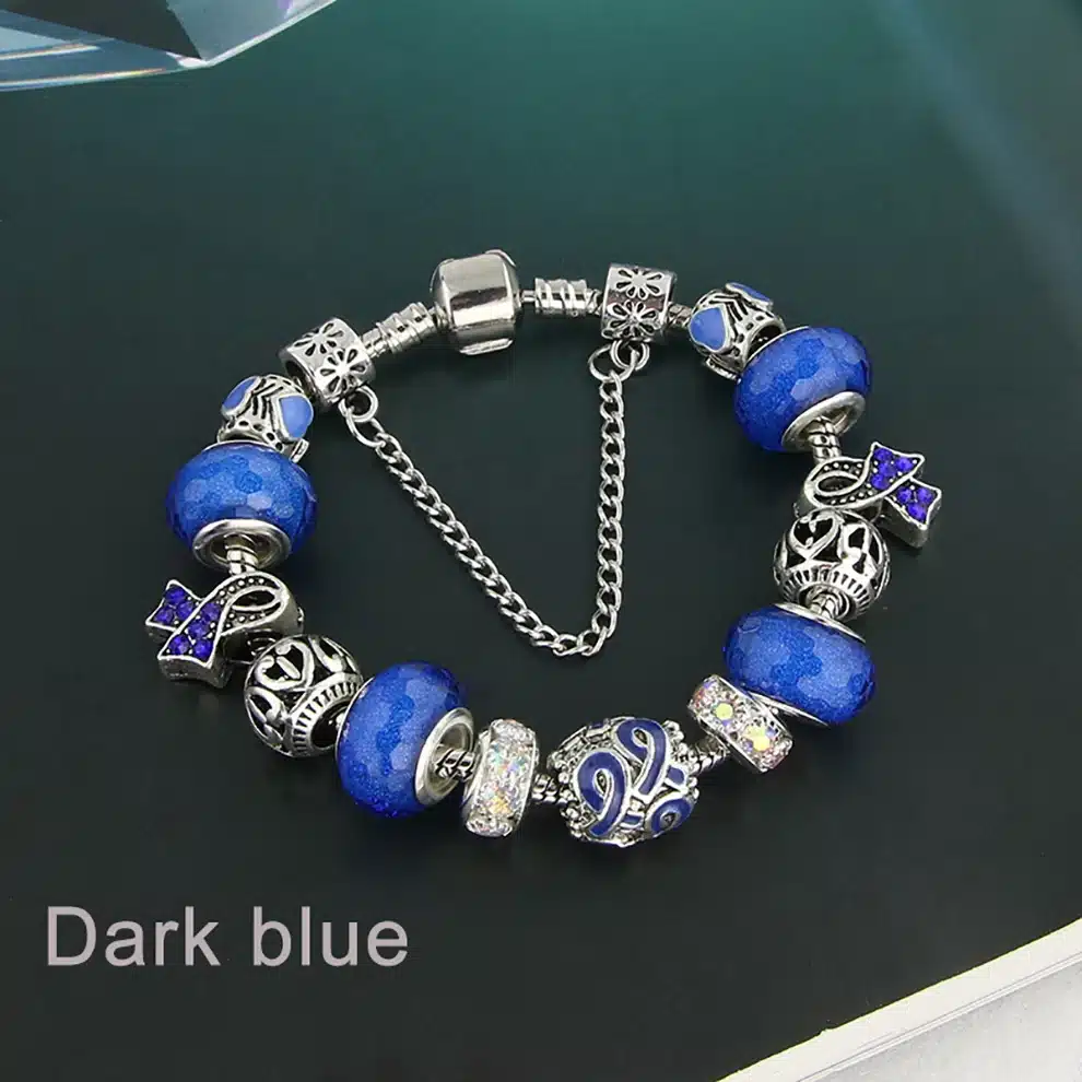 KEORMA Antique Silver bracelets for women Murano Glass Bead Crystal New Breast Cancer Awareness Pink Ribbon Charms Bracelet 29