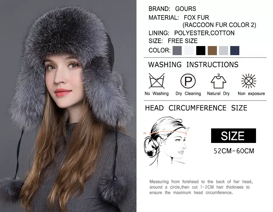 Gours Fur Hat for Women Natural Raccoon Fox Fur Russian Ushanka Hats Winter Thick Warm Ears Fashion Bomber Cap Black New Arrival 3