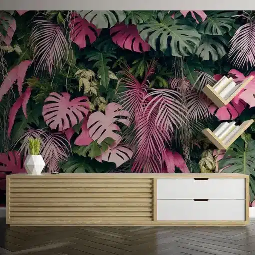 Custom-Mural-Papel-De-Parede-3D-Wallpaper-Modern-Pink-Green-Tropical-Rainforest-Plant-Leaves-Living-Room-3 – saadaval Tootemaailm e-kaubamajas