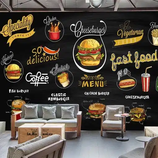 must tapeet kiirtoidu illustratsioonidega nagu burgerid, friikartulid ja joogid