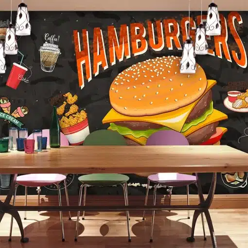 must tapeet kiirtoidu illustratsioonidega, sealhulgas hamburgerid ja friikartulid