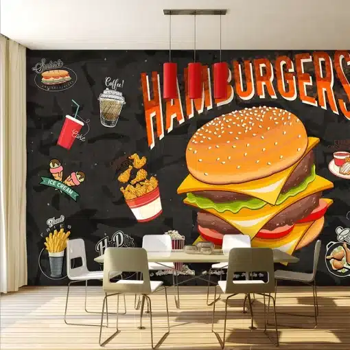 must tapeet kiirtoidu illustratsioonidega, sealhulgas burgerid, friikartulid ja joogid