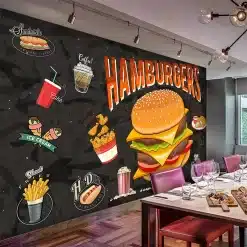 must tapeet kiirtoidu illustratsioonidega, sealhulgas hamburgerid, friikartulid ja jäätis