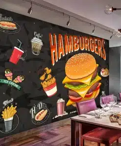 must tapeet kiirtoidu illustratsioonidega, sealhulgas hamburgerid, friikartulid ja jäätis