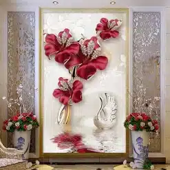 punaste lilledega seinakleebis elegantse mustriga