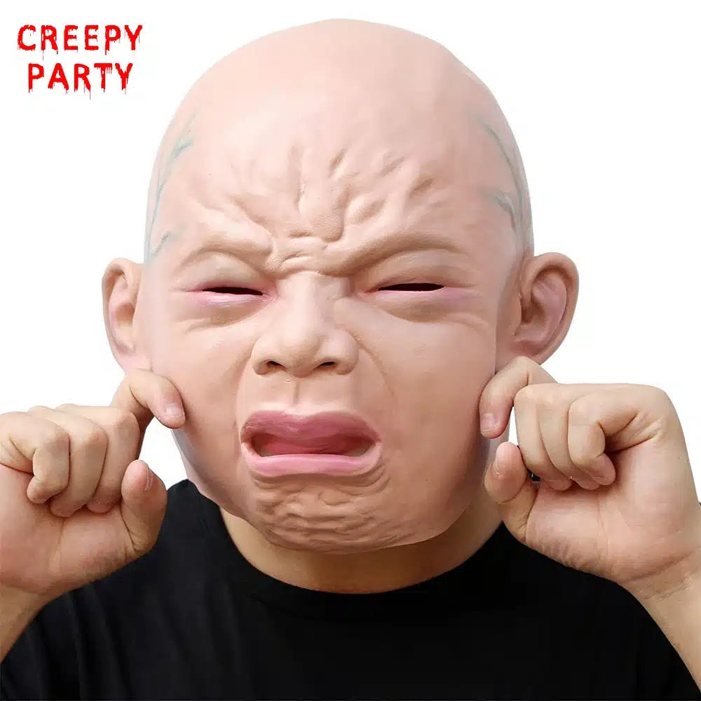 suur nutva beebi nägu täiskasvanu peas, mask on roosa ja detailne