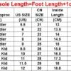 Size chart for laste saapad, showing US size, CN size in cm, inside length in cm, foot length in cm, and age recommendations.