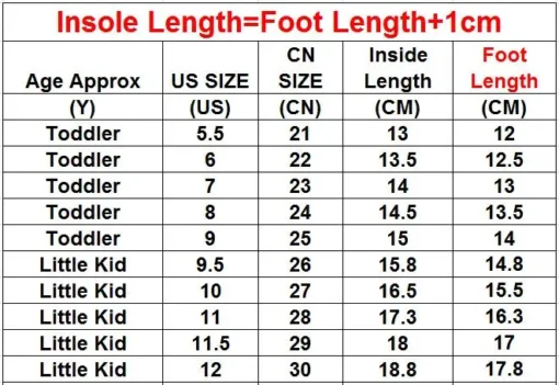 Size chart for laste saapad, showing US size, CN size in cm, inside length in cm, foot length in cm, and age recommendations.