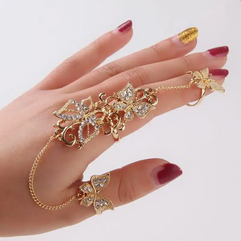 Rhinestone Flower Butterfly Full Finger Rings for Women Gold Chian Link Double Armor Ring Wholesale 1D2011 40