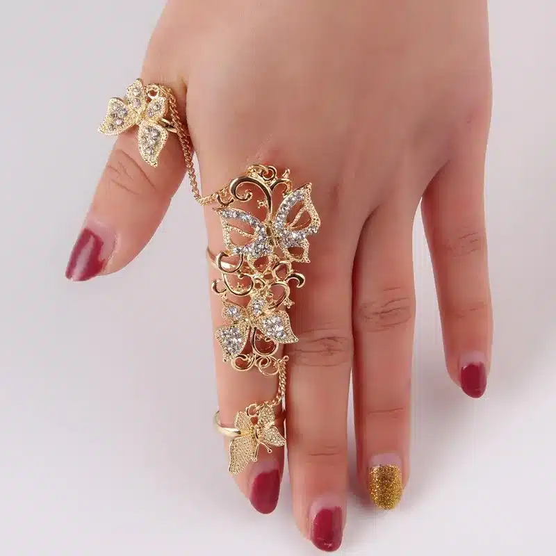 Rhinestone Flower Butterfly Full Finger Rings for Women Gold Chian Link Double Armor Ring Wholesale 1D2011 41
