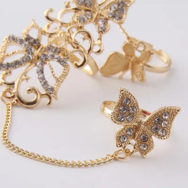Rhinestone Flower Butterfly Full Finger Rings for Women Gold Chian Link Double Armor Ring Wholesale 1D2011 44