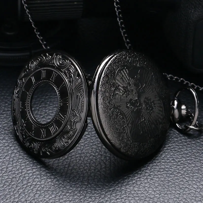 Vintage Charm Black Unisex Fashion Roman Number Quartz Steampunk Pocket Watch Women Man Necklace Pendant with Chain Gifts P427 8