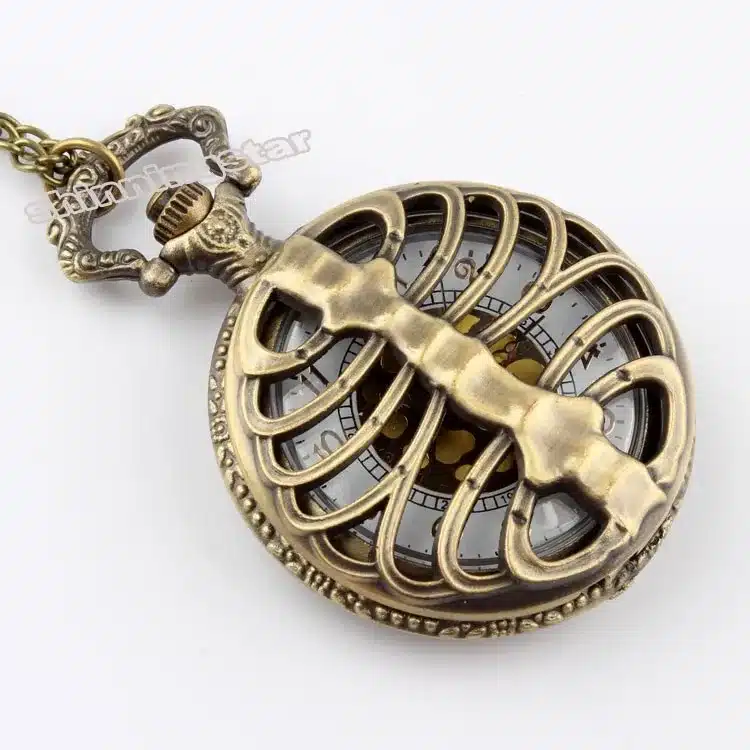 Retro Steampunk Bronze Spine Ribs Hollow Quartz Pocket Watch Necklace Pendant sweater chain Women Gift P105 10