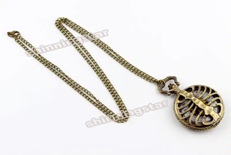 Retro Steampunk Bronze Spine Ribs Hollow Quartz Pocket Watch Necklace Pendant sweater chain Women Gift P105 14