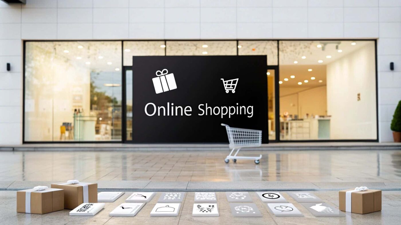 Kuidas valida sobiv e-pood? | E-pood Tootemaailm Online-ostlemise silt, ostukäru, pakid ja e-poe sümbolid kaupluse ees