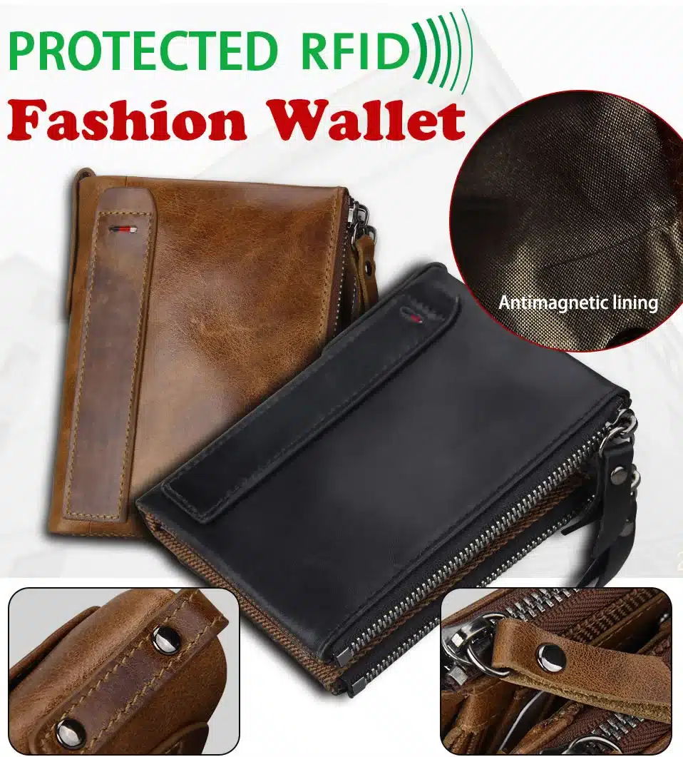 Hot!! Crazy Horse Genuine Leather Men Wallets Credit Business Card Holders Double Zipper Cowhide Leather Wallet Purse Carteira 6