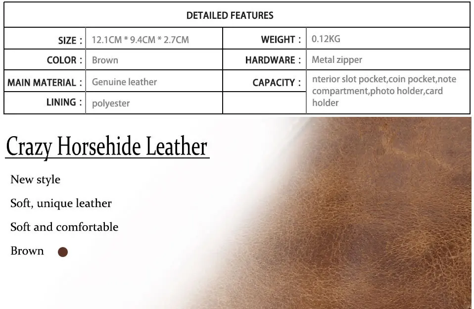 Hot!! Crazy Horse Genuine Leather Men Wallets Credit Business Card Holders Double Zipper Cowhide Leather Wallet Purse Carteira 8