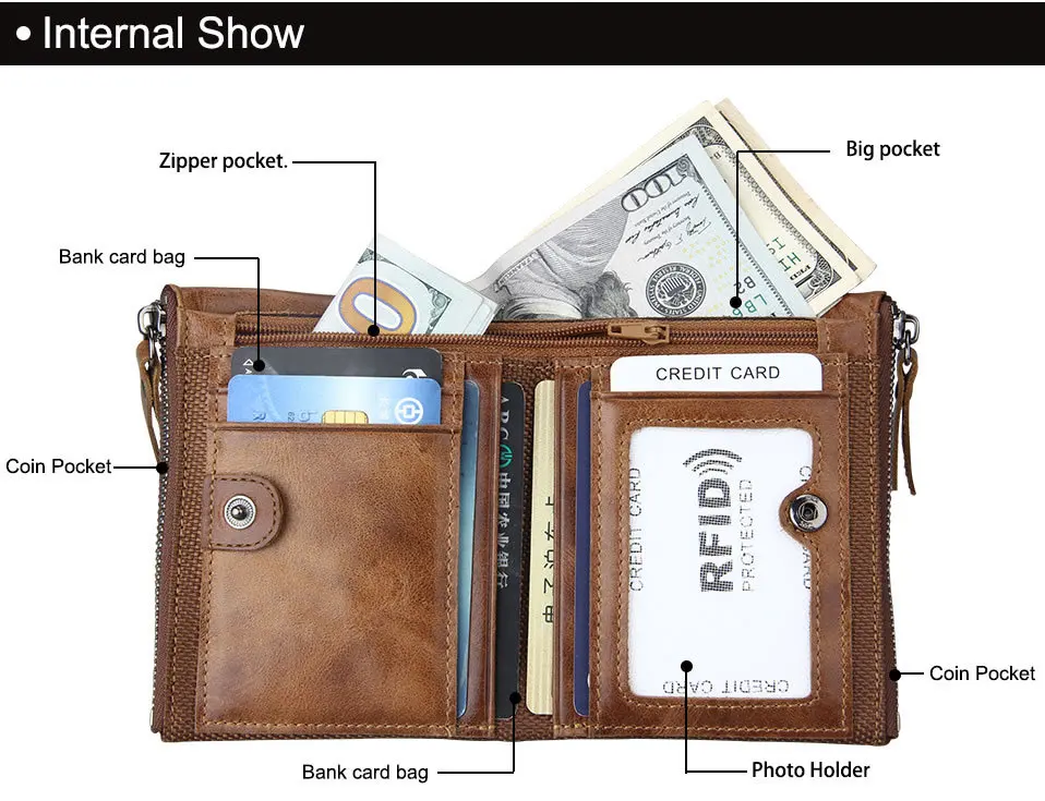Hot!! Crazy Horse Genuine Leather Men Wallets Credit Business Card Holders Double Zipper Cowhide Leather Wallet Purse Carteira 9