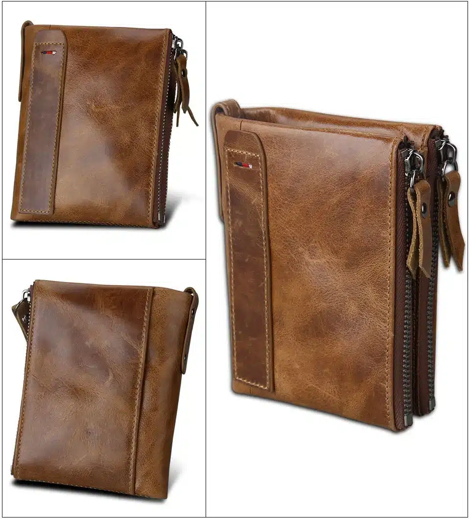 Hot!! Crazy Horse Genuine Leather Men Wallets Credit Business Card Holders Double Zipper Cowhide Leather Wallet Purse Carteira 12