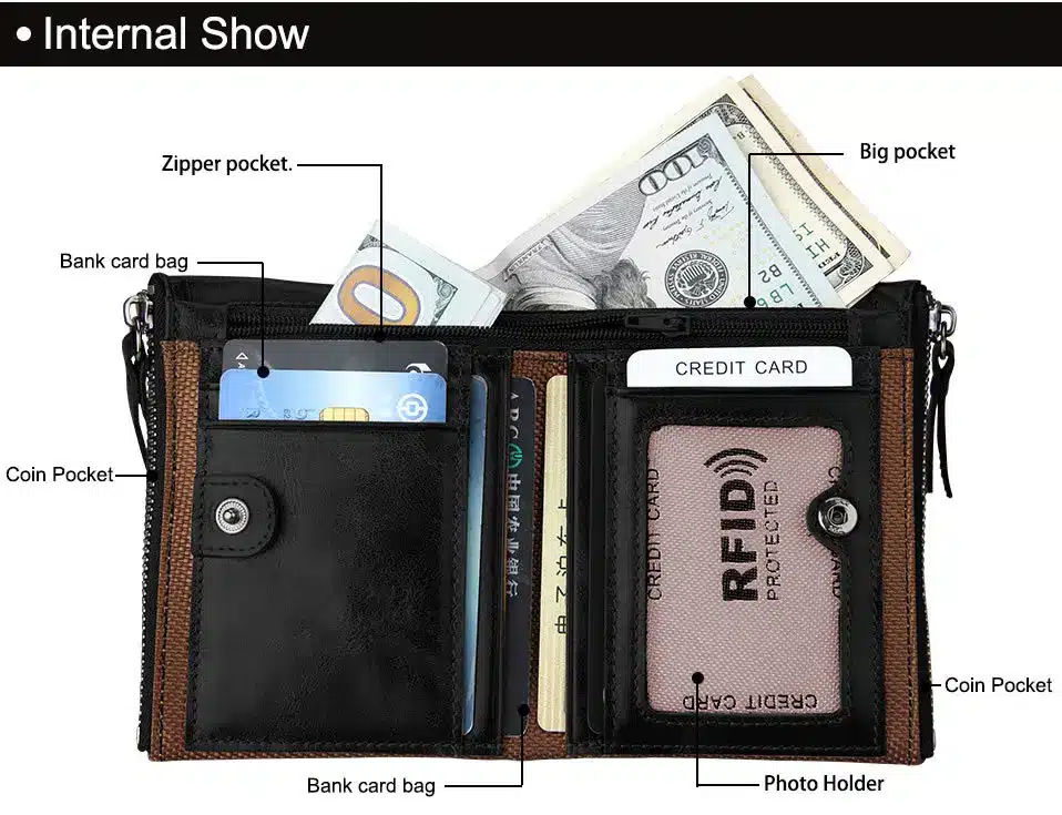 Hot!! Crazy Horse Genuine Leather Men Wallets Credit Business Card Holders Double Zipper Cowhide Leather Wallet Purse Carteira 19