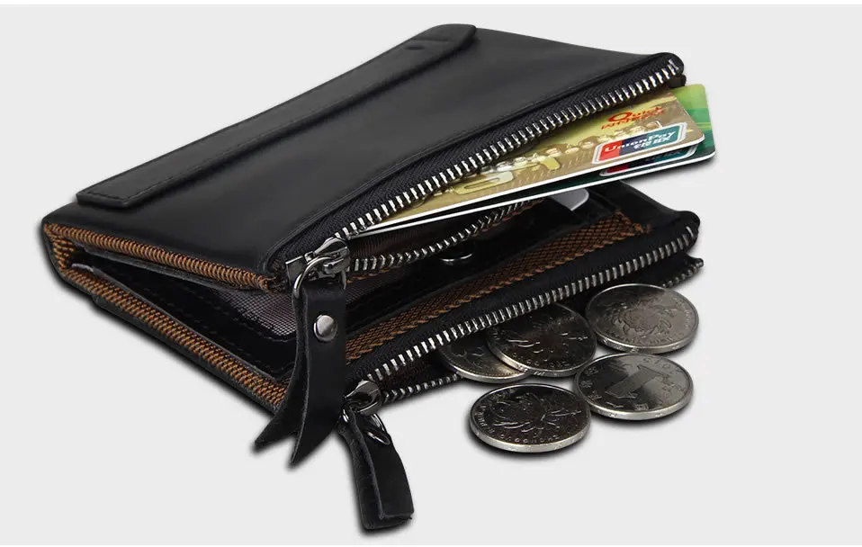Hot!! Crazy Horse Genuine Leather Men Wallets Credit Business Card Holders Double Zipper Cowhide Leather Wallet Purse Carteira 21