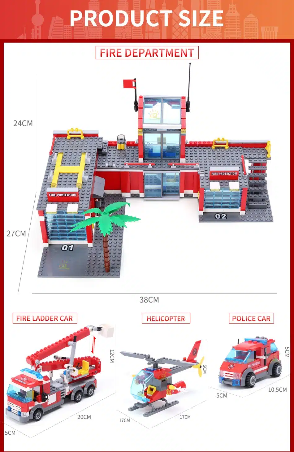 lego tuletõrjedepoo komplekt koos tuletõrjeauto, helikopteri ja politseiautoga