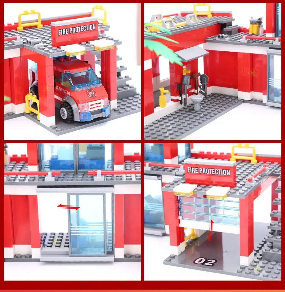 punane ja hall Lego tuletõrjedepoo koos tuletõrjeautoga
