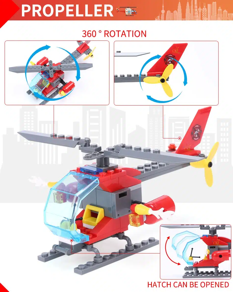 punane Lego helikopter avatud kabiini ja pöörleva propelleriga