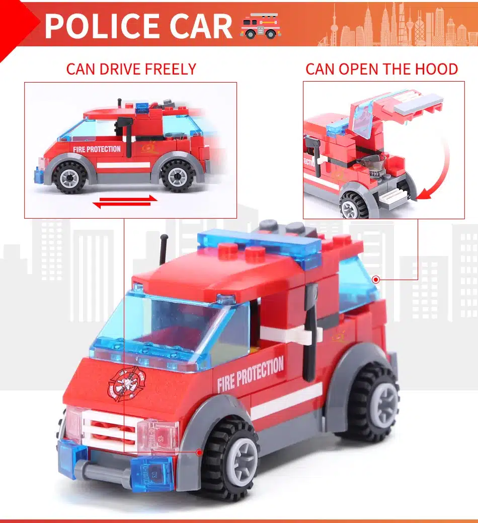 punane tuletõrjeauto lego komplekt avatud kapotiga