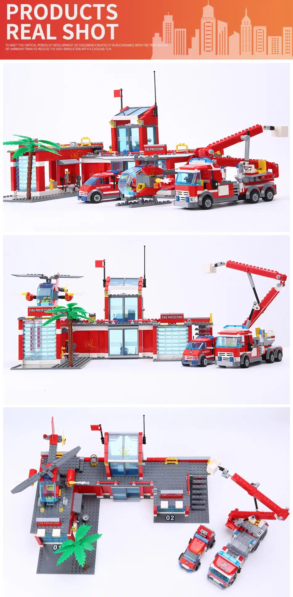lego tuletõrjedepoo komplekt koos päästeautode ja helikopteriga, punane ja hall värvigamma