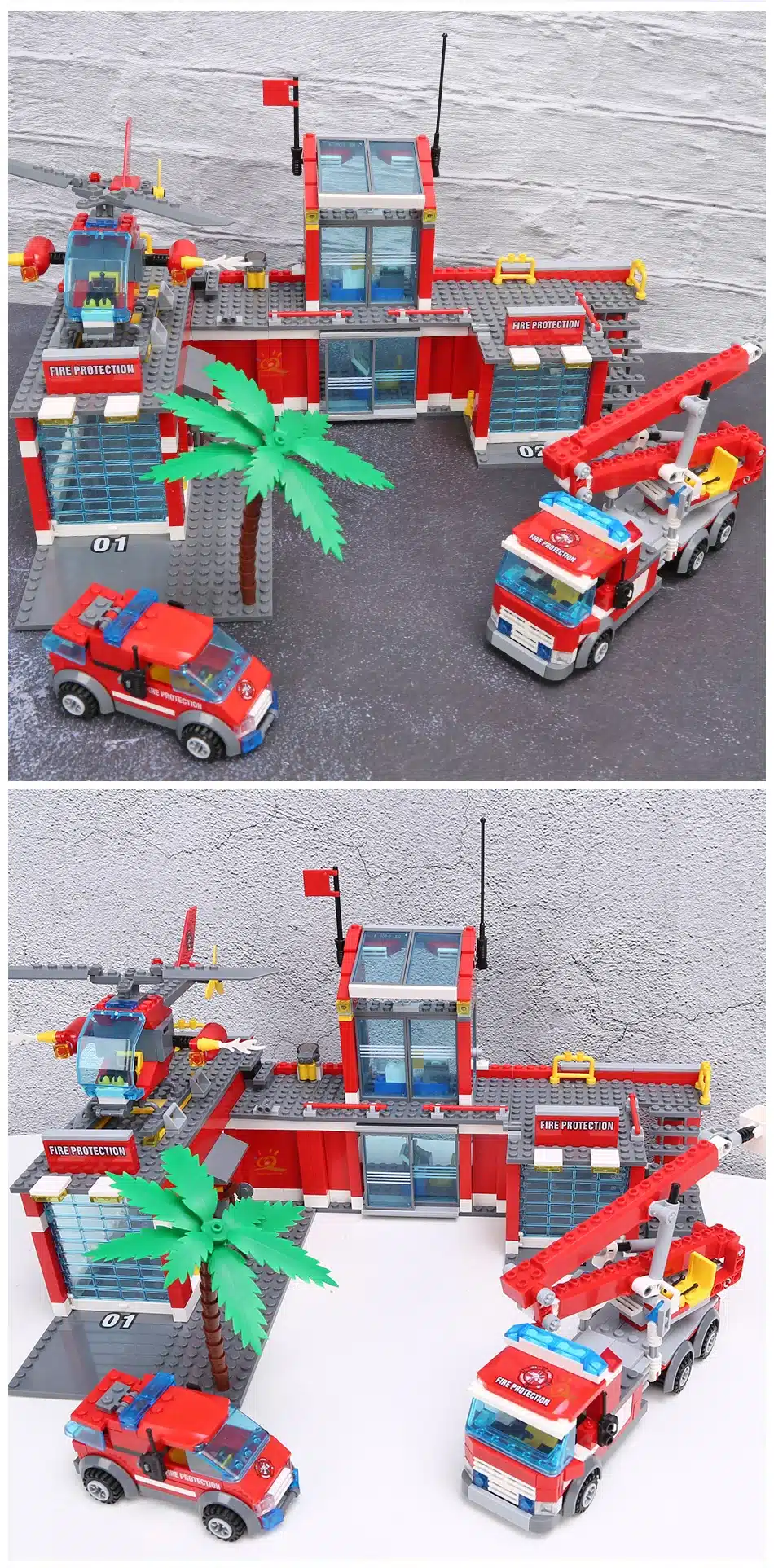 lego tuletõrjedepoo komplekt koos päästeautode ja helikopteriga