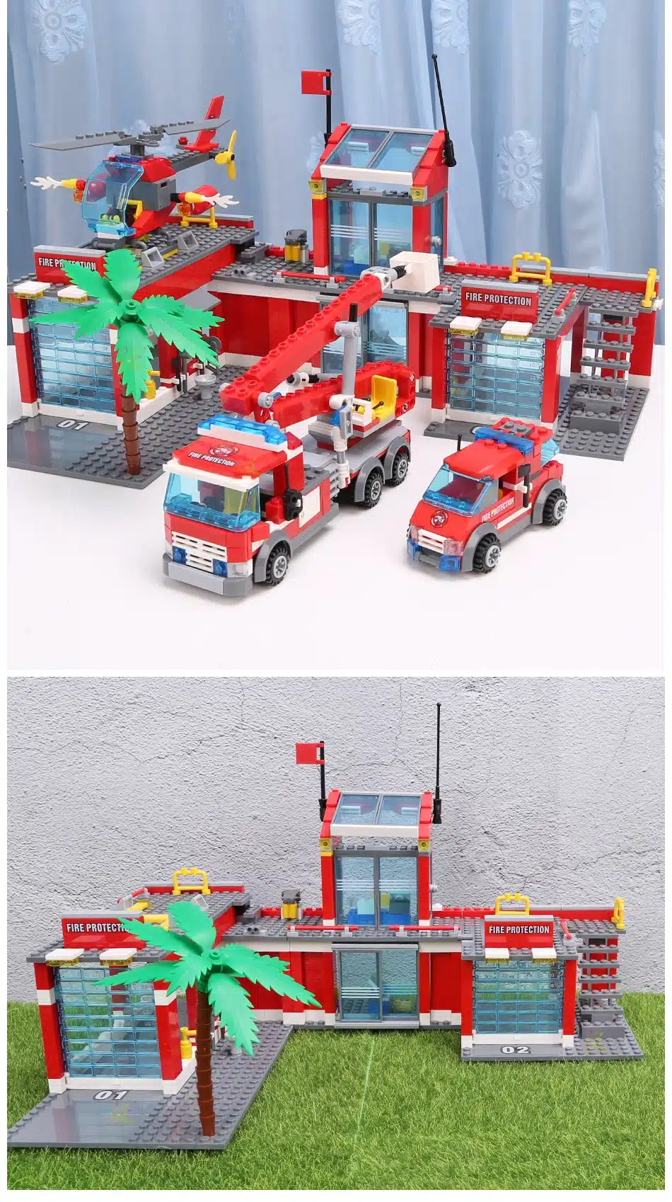 lego tuletõrjedepoo komplekt koos helikopteri, tuletõrjeauto ja palmipuuga