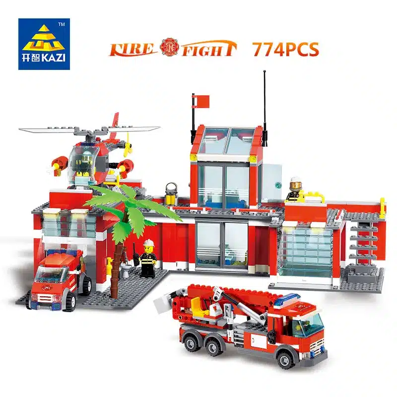 tuletõrjedepoo lego komplekt koos helikopteri ja tuletõrjeautodega