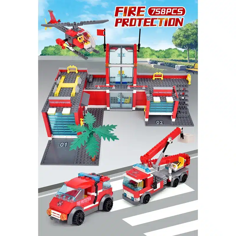 lego tuletõrjedepoo komplekt koos helikopteri ja kahe tuletõrjeautoga, 758 osa