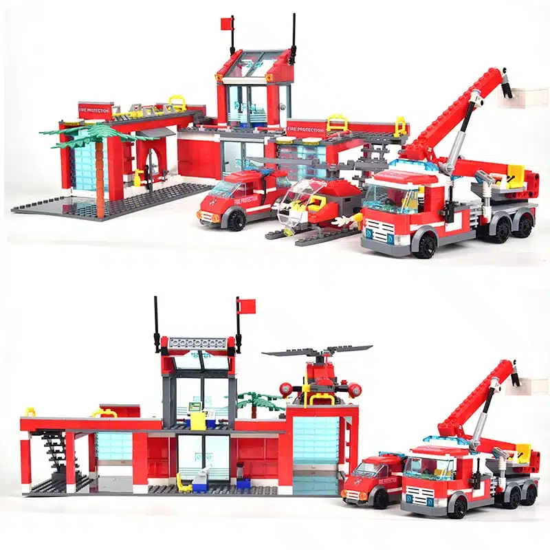 punane ja hall Lego tuletõrjedepoo koos sõidukite ja helikopteriga