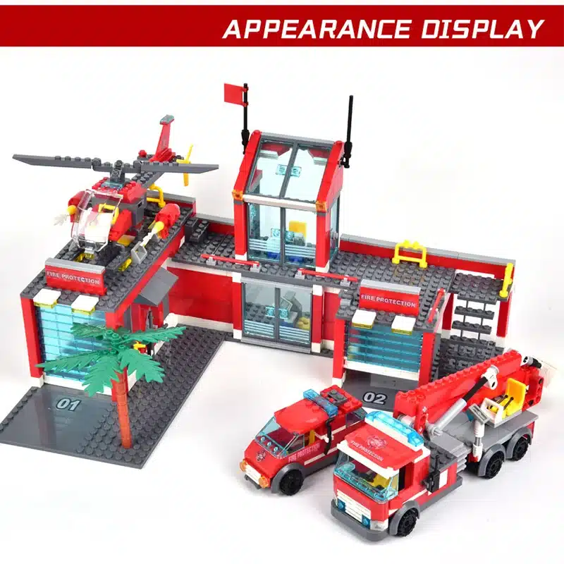 punane Lego tuletõrjedepoo komplekt koos helikopteri ja kahe tuletõrjeautoga