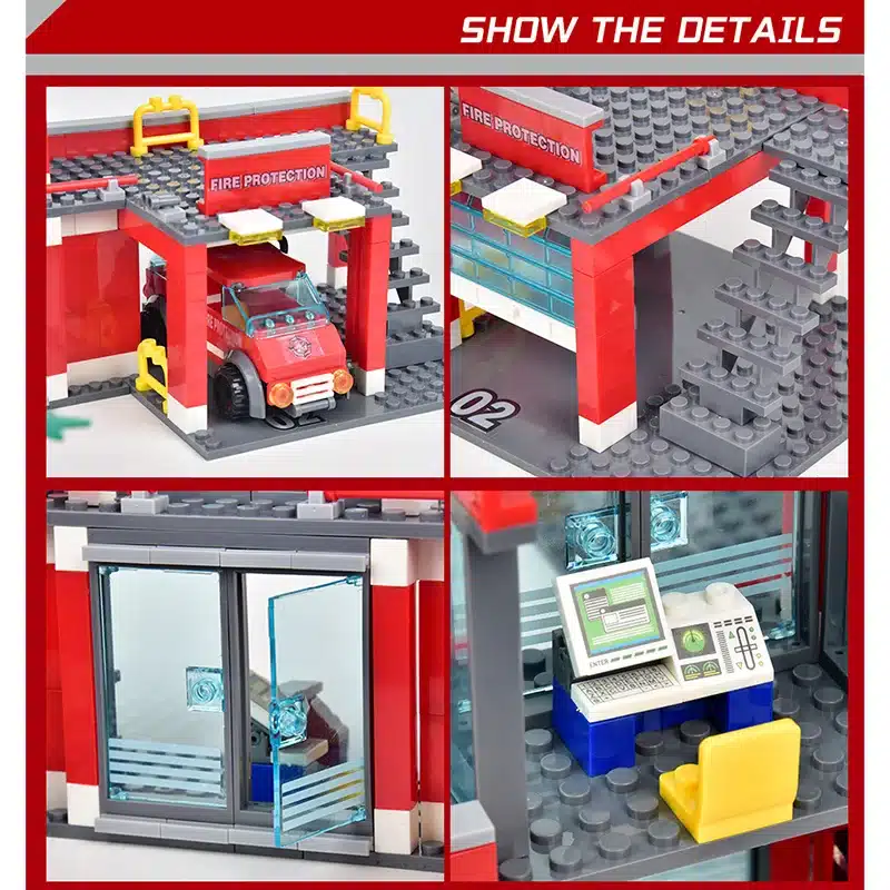 lego tuletõrjedepoo komplekt koos tuletõrjeautoga, treppide ja juhtimiskeskusega