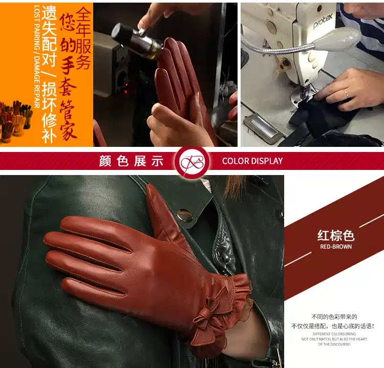 BOOUNI Genuine Sheepskin Gloves 2017 Fashion Wrist Lace Bow Solid Women Leather Glove Thermal Winter Driving Keep Warm 176 4