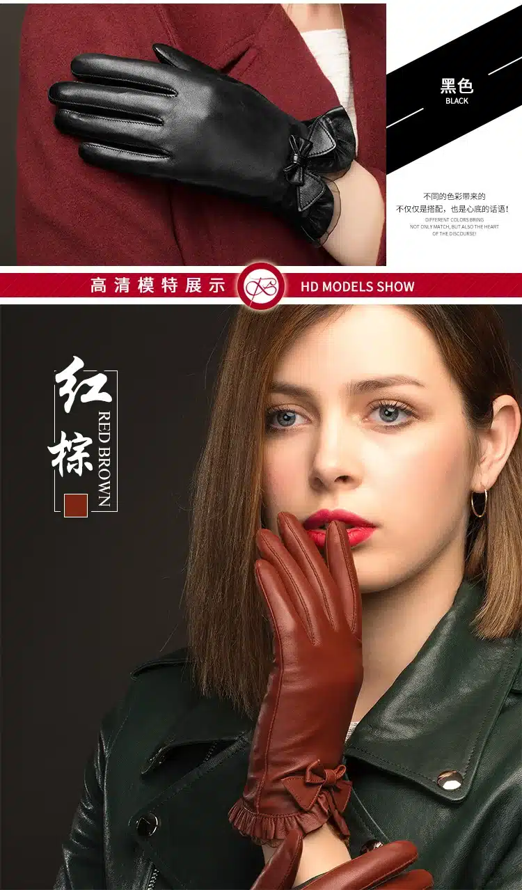BOOUNI Genuine Sheepskin Gloves 2017 Fashion Wrist Lace Bow Solid Women Leather Glove Thermal Winter Driving Keep Warm 176 5
