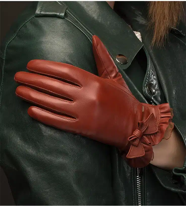 BOOUNI Genuine Sheepskin Gloves 2017 Fashion Wrist Lace Bow Solid Women Leather Glove Thermal Winter Driving Keep Warm 176 6