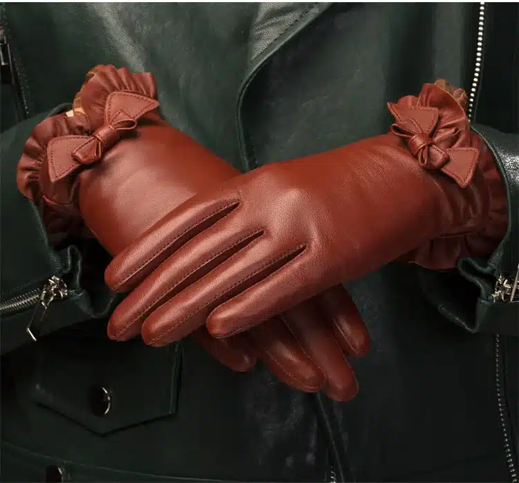 BOOUNI Genuine Sheepskin Gloves 2017 Fashion Wrist Lace Bow Solid Women Leather Glove Thermal Winter Driving Keep Warm 176 7