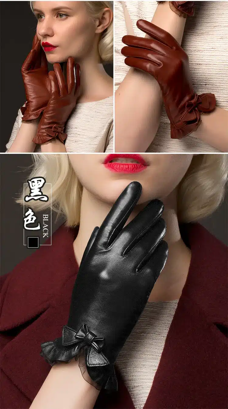 BOOUNI Genuine Sheepskin Gloves 2017 Fashion Wrist Lace Bow Solid Women Leather Glove Thermal Winter Driving Keep Warm 176 8