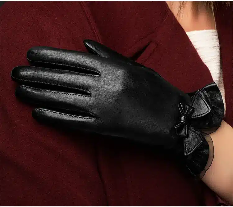 BOOUNI Genuine Sheepskin Gloves 2017 Fashion Wrist Lace Bow Solid Women Leather Glove Thermal Winter Driving Keep Warm 176 9