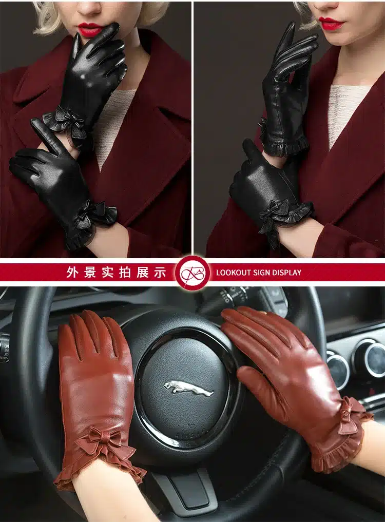 BOOUNI Genuine Sheepskin Gloves 2017 Fashion Wrist Lace Bow Solid Women Leather Glove Thermal Winter Driving Keep Warm 176 11